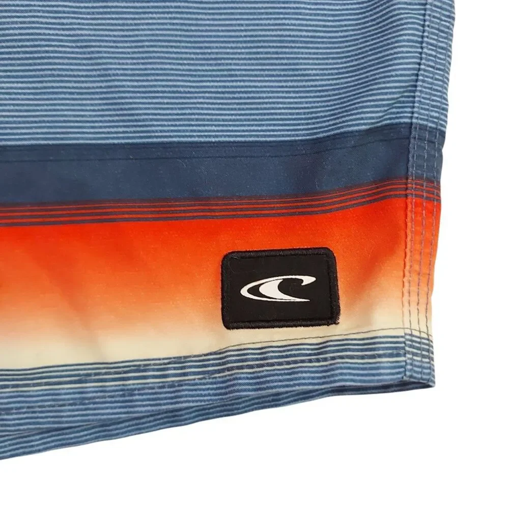 O'Neill Mens Board Shorts 32 Blue Orange Striped Swim Trunks Cargo Pocket Beach